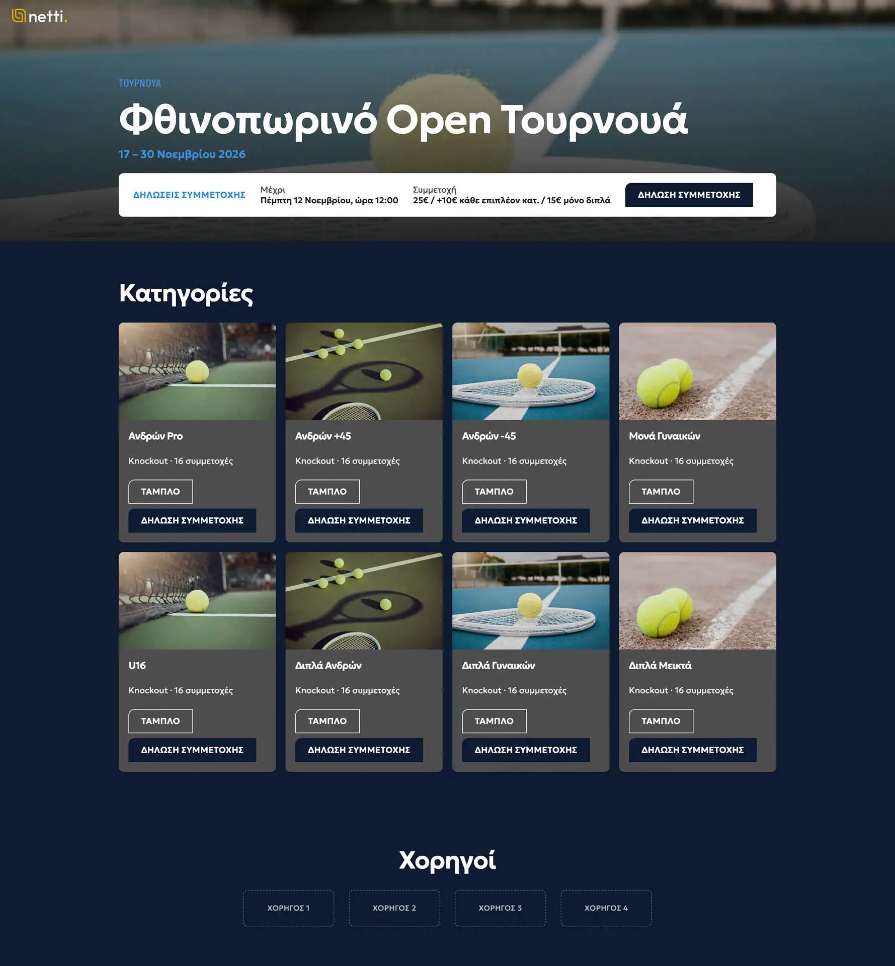 Η δημόσια σελίδα τουρνουά στο Netti με κατηγορίες, ταμπλό και δηλώσεις συμμετοχής
